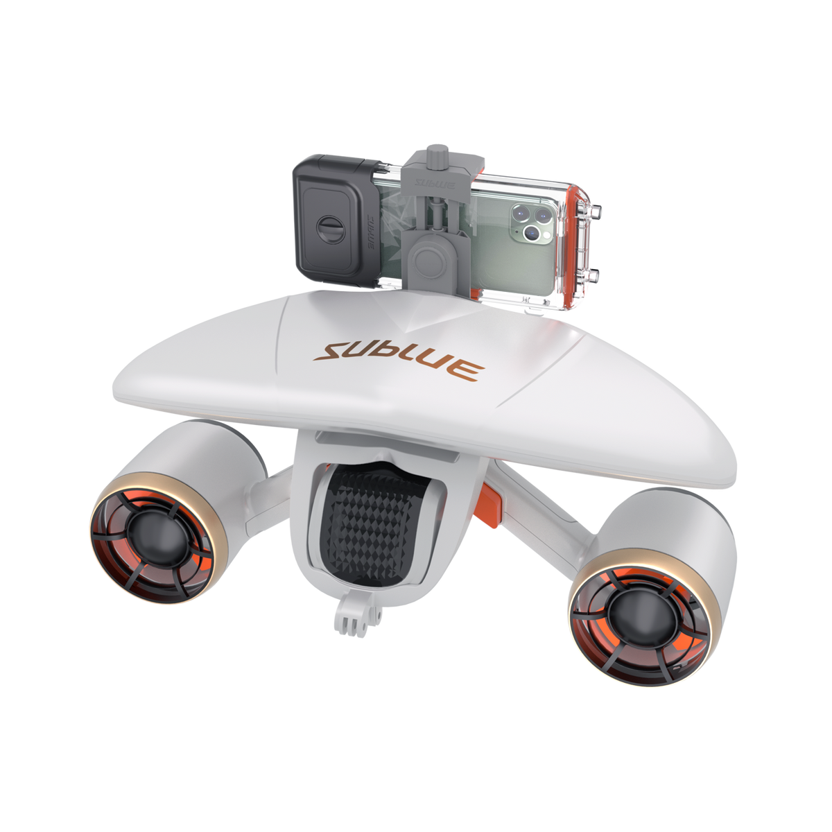 White quadcopter drone with smartphone mounted in center and side lens pods