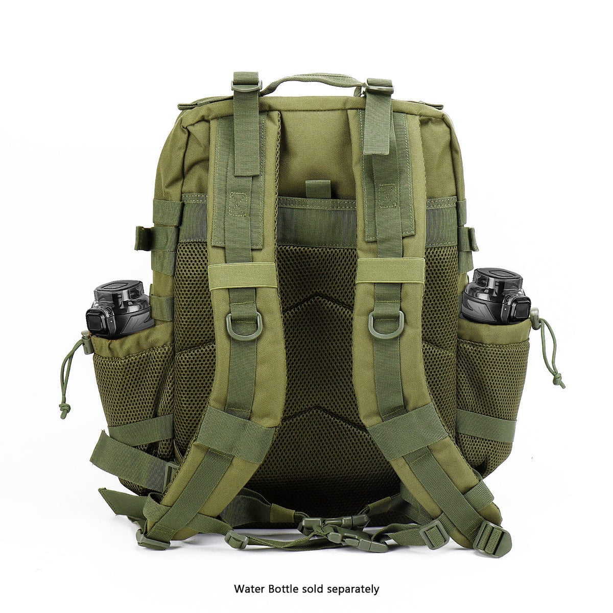 Olive green travel and laptop backpack back view with padded shoulder straps