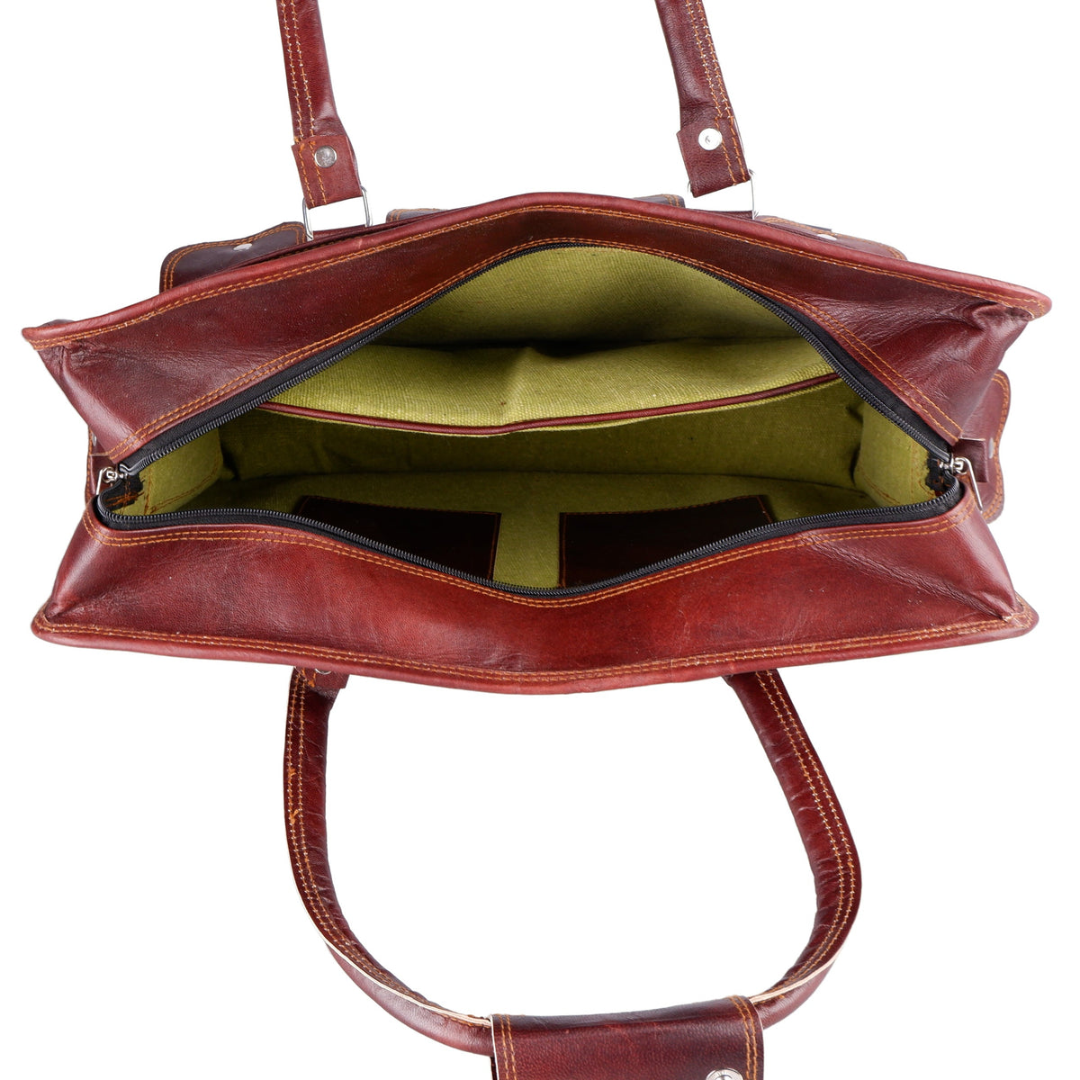 Open brown leather briefcase showing lime-green interior lining and inner compartment