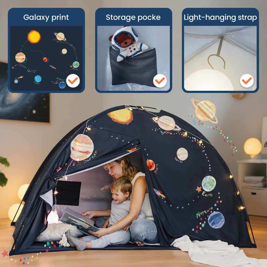 Galaxy-print kids tent with storage pocket and light-hanging strap details