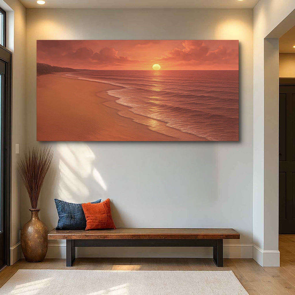 Framed beach sunset canvas hanging above a bench in a bright entryway