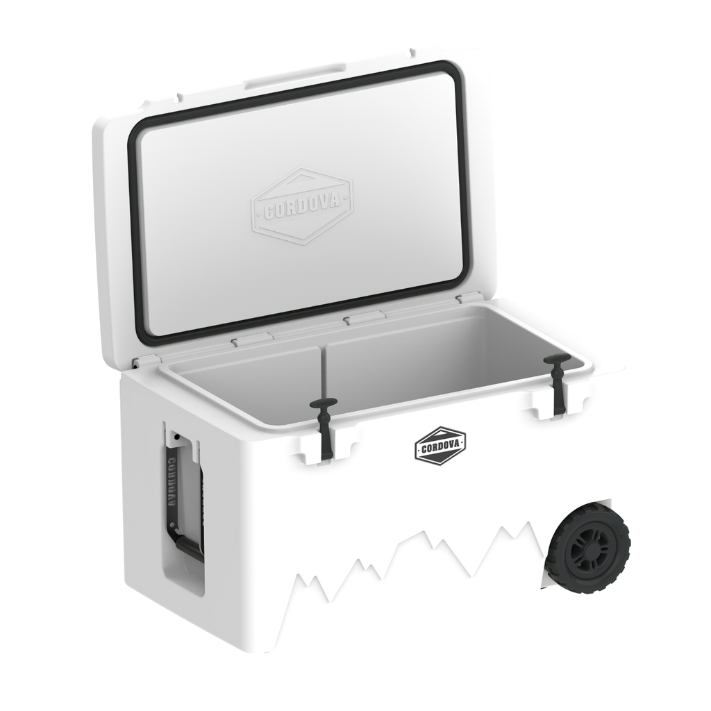 White wheeled cooler with lid open, insulated interior visible, CORDOVA logo