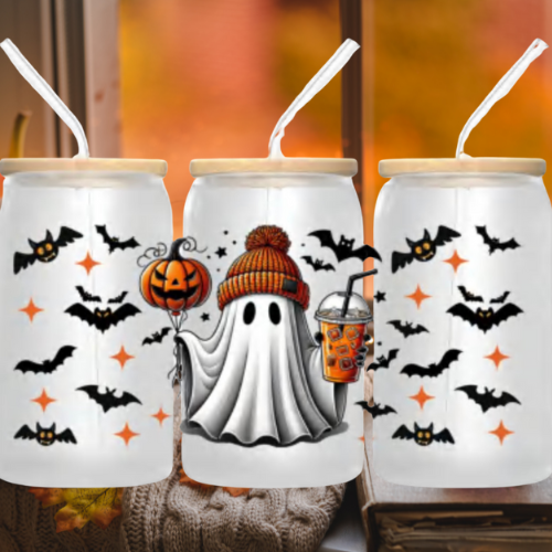 Set of three Halloween ghost glass tumblers, with straws and pumpkin lid designs