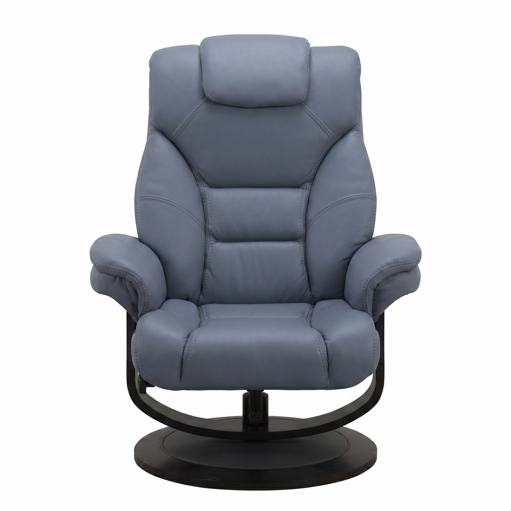 Blue euro recliner front view with padded headrest and deep cushioned seat