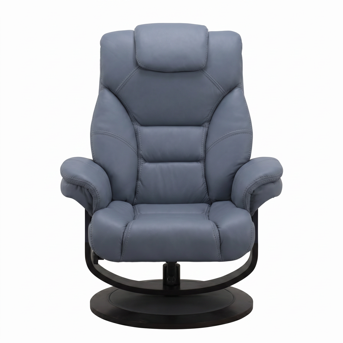 Blue euro recliner front view with padded headrest and deep cushioned seat