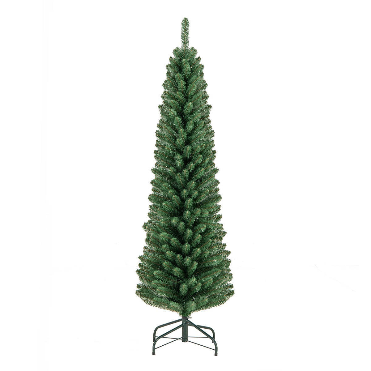 Artificial green pencil Christmas tree with dense branches and three-leg metal stand