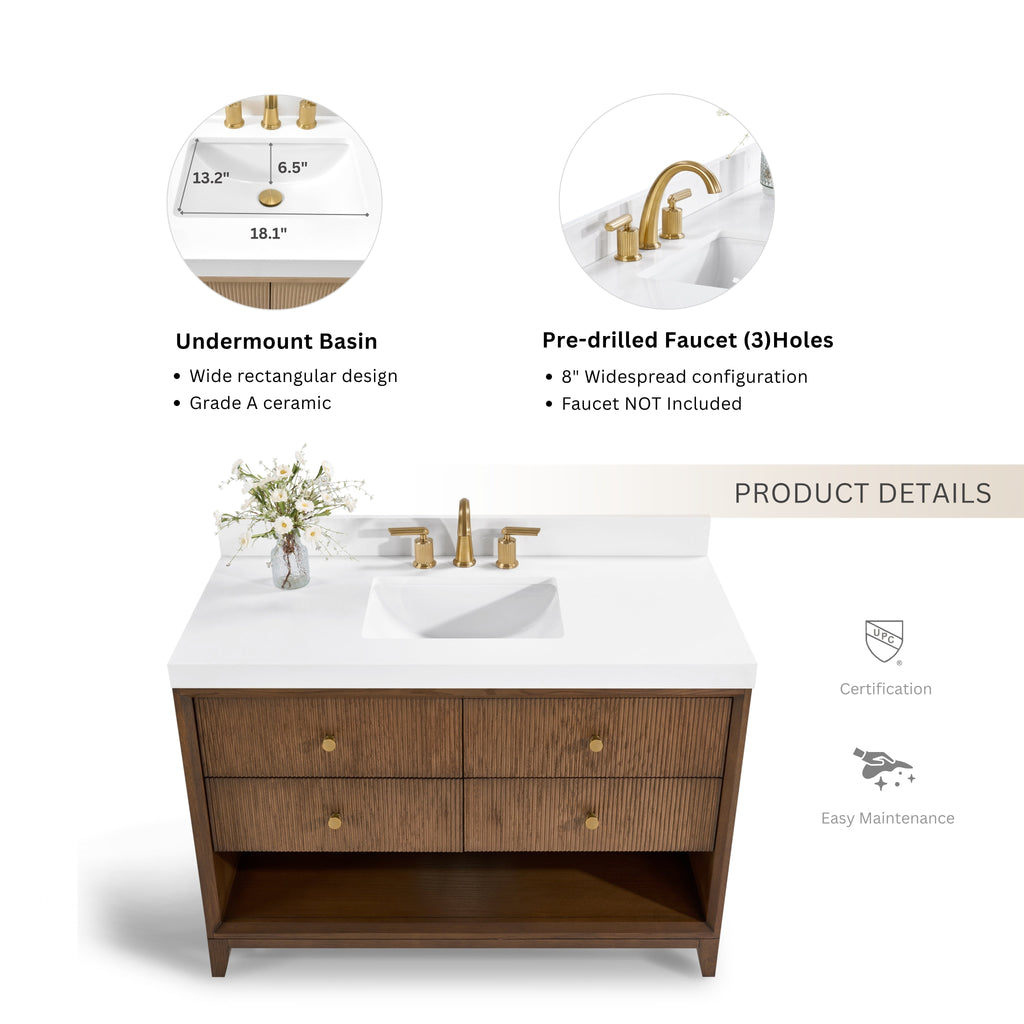 36-inch bath vanity set with under-mount sink, chestnut cabinet, gold knobs, white top