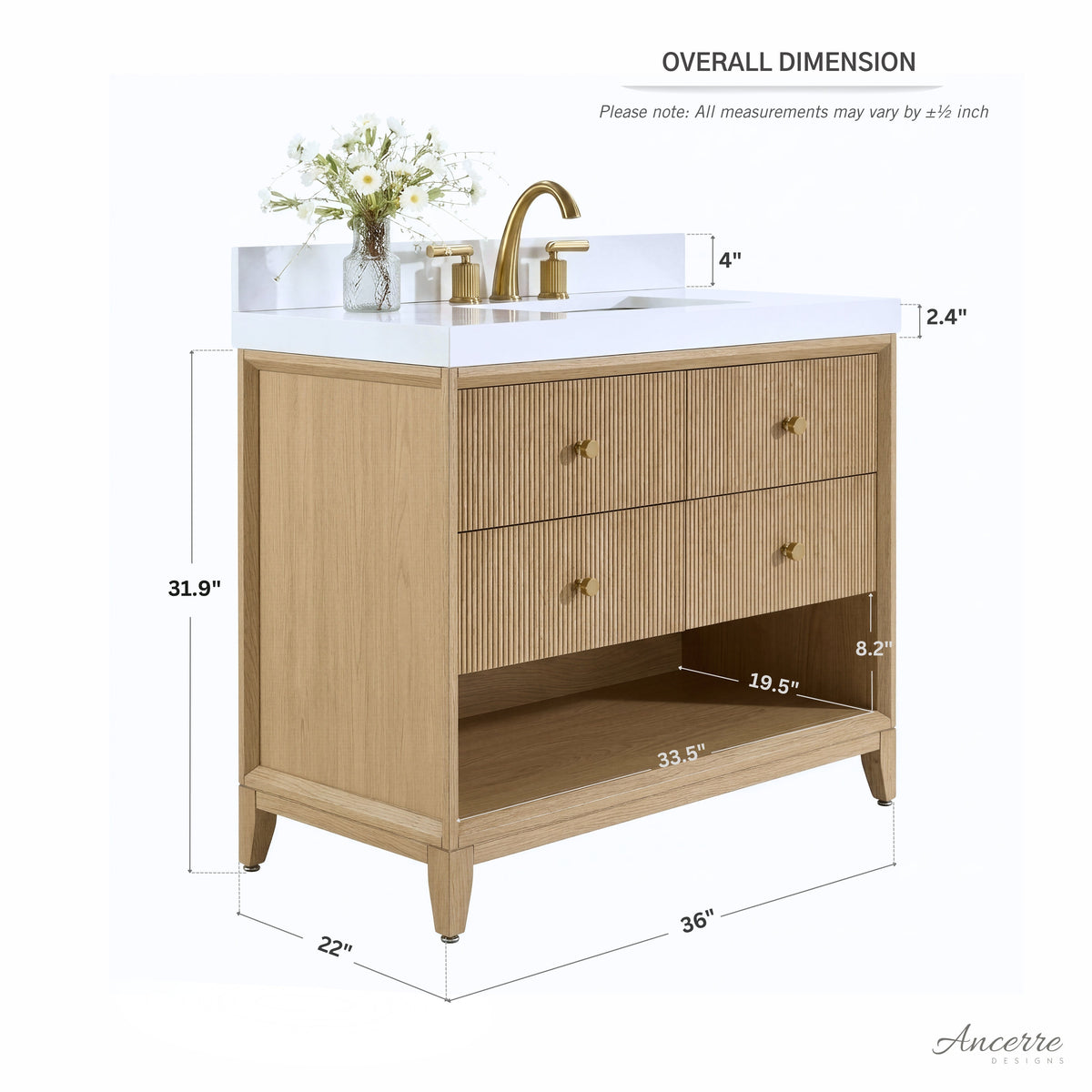 Oak 36-inch bath vanity cabinet with two drawers and adjustable legs, gold hardware