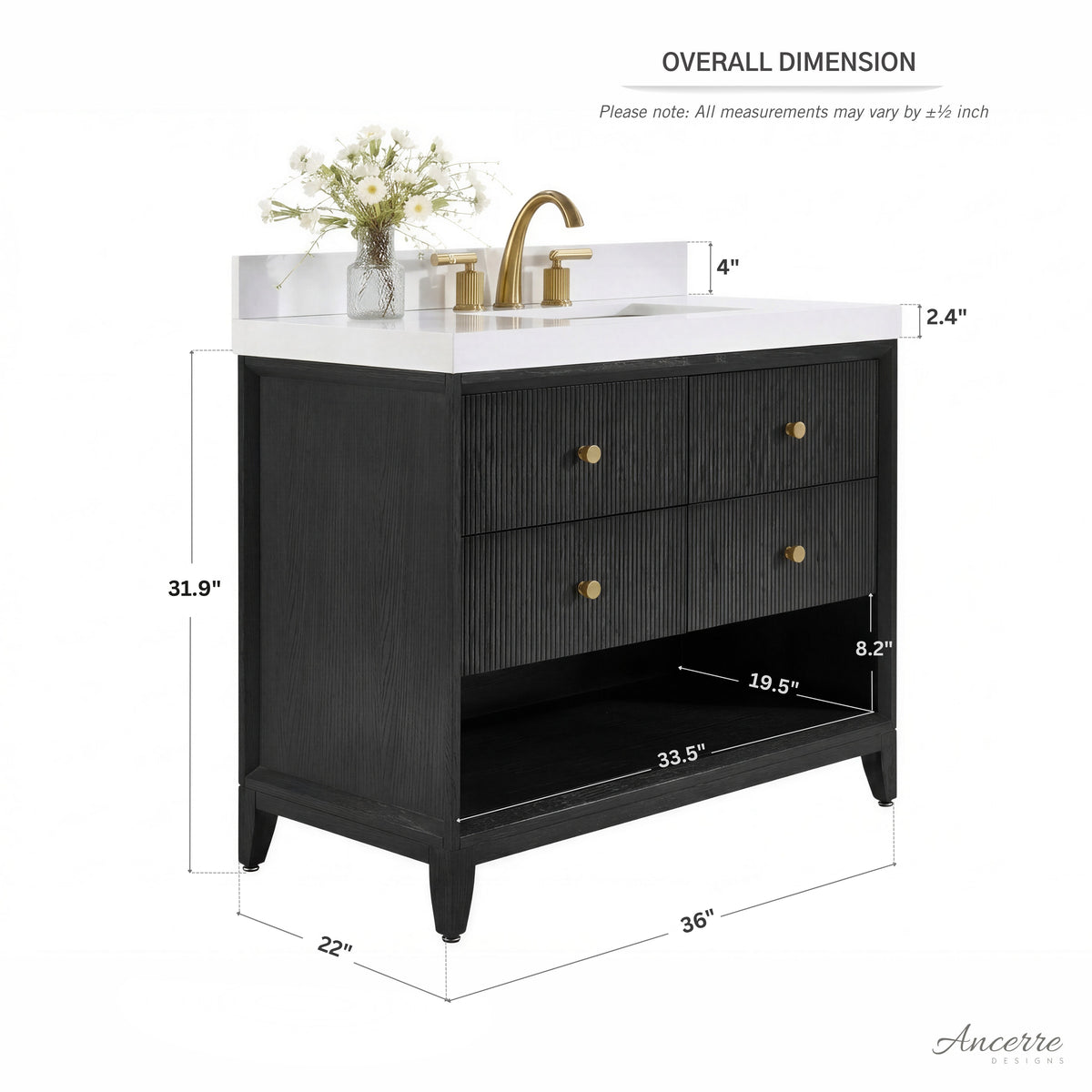Black bath vanity cabinet with gold knobs, white countertop, and under-sink open storage