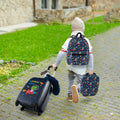 Kids luggage set in dark blue with space dinosaur print: rolling suitcase, backpack, lunch bag