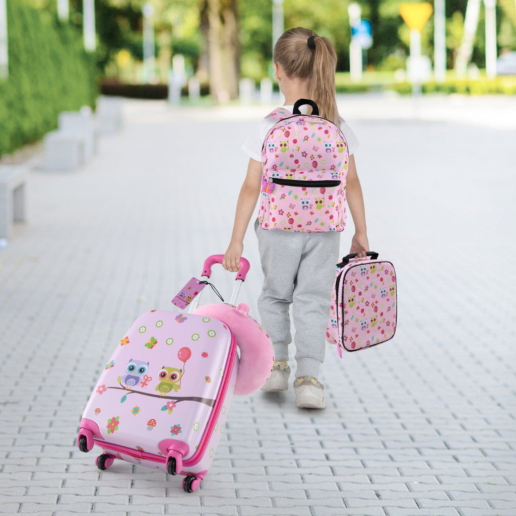 Kids rolling luggage set in pink with matching backpack, lunch bag, and neck pillow