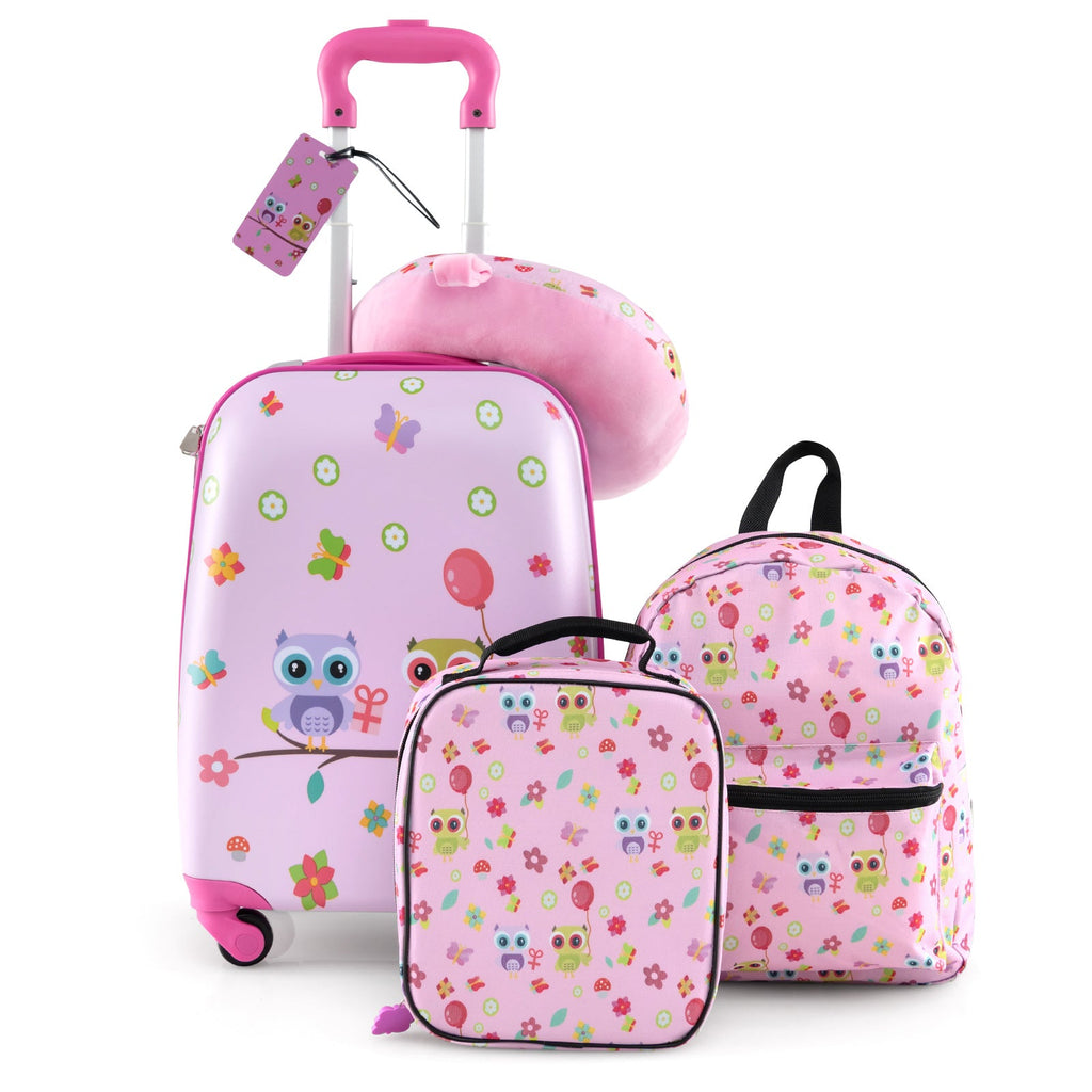 Pink kids carry-on suitcase with telescoping handle, plus matching backpack and lunch bag