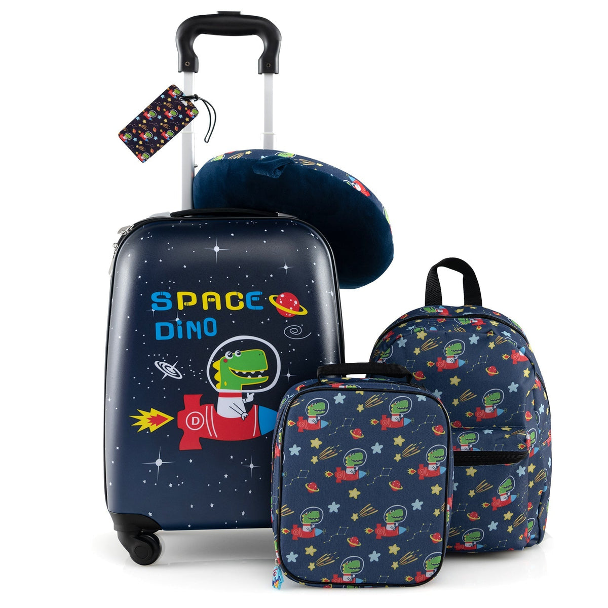 Dark blue kids rolling suitcase with space dinosaur pattern, plus matching neck pillow and backpack