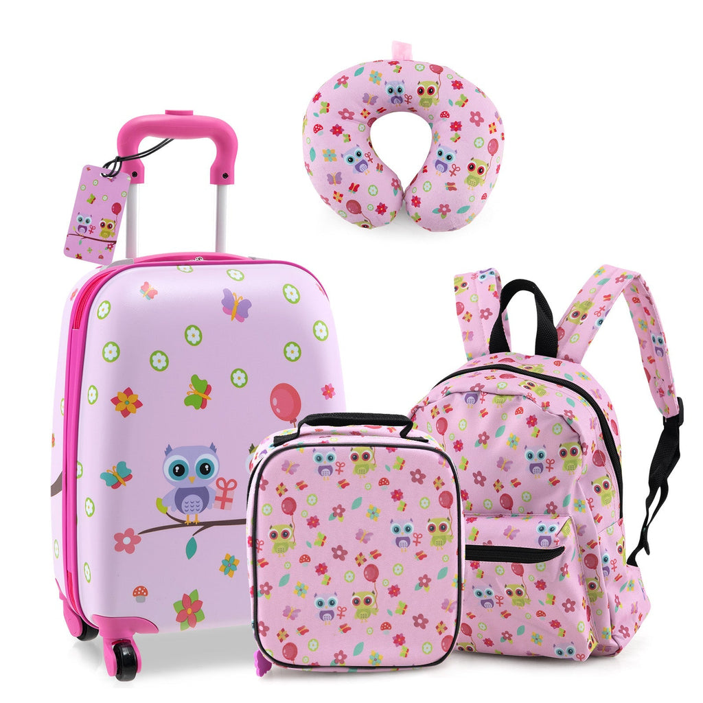 Kids 5-piece luggage set: pink rolling suitcase, matching backpack, lunch bag, neck pillow