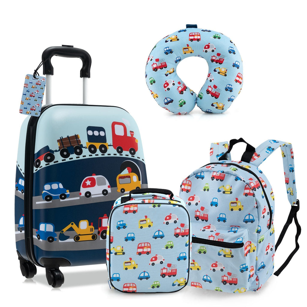 Kids train-themed luggage set with rolling suitcase, U-shaped neck pillow, and matching backpack