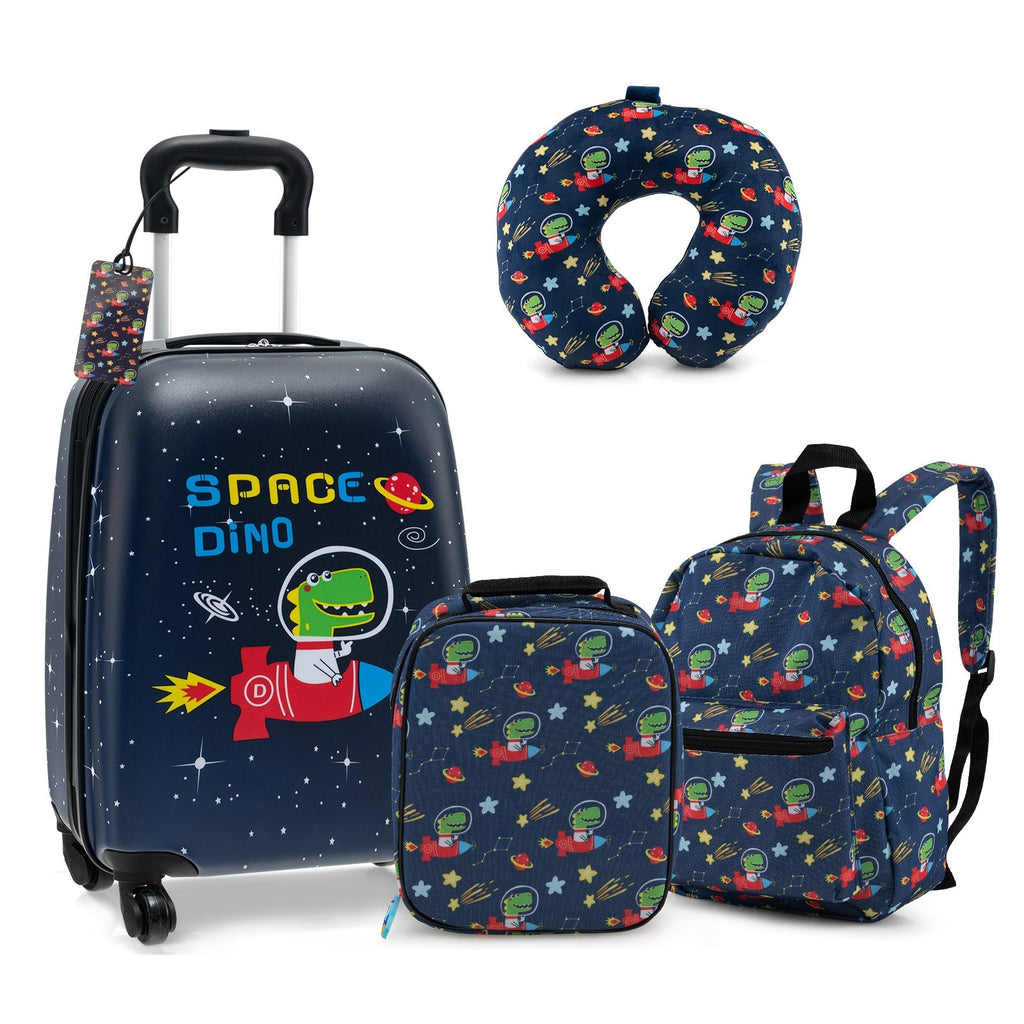 Kids luggage set with dark blue rolling suitcase, U-shaped neck pillow, and matching backpack