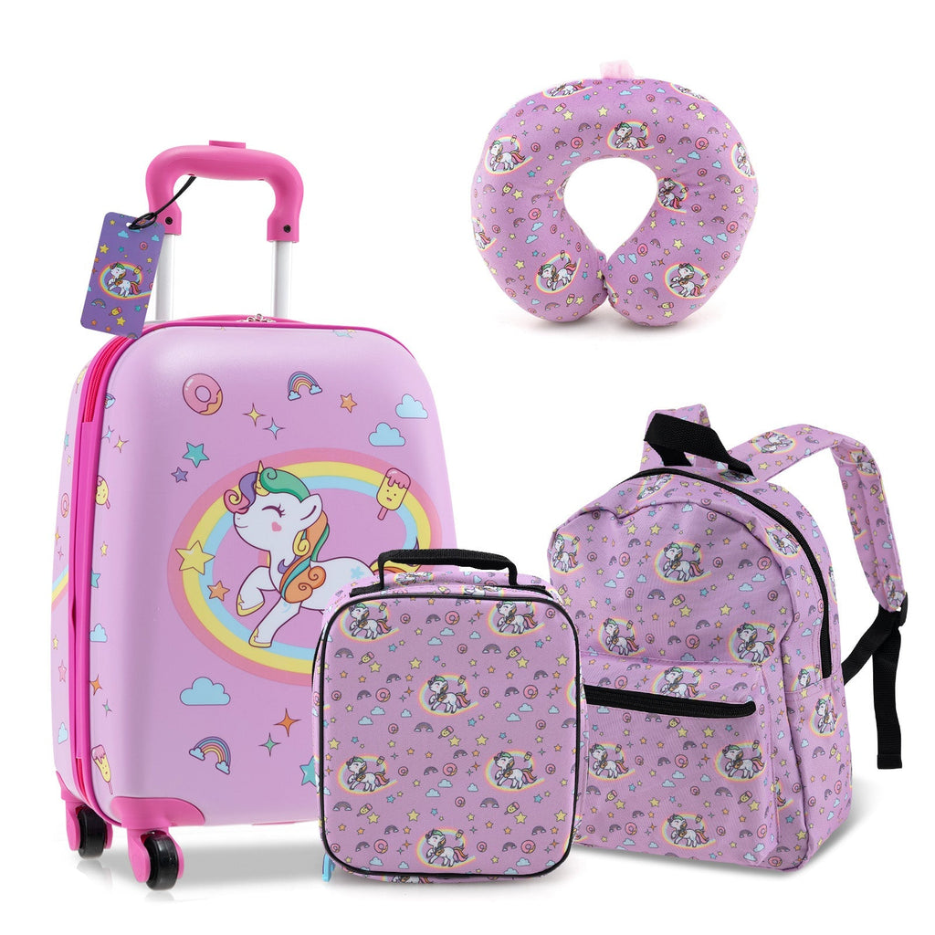 Kids unicorn luggage set in pink with U-shaped neck pillow and matching rolling carry-on and backpacks