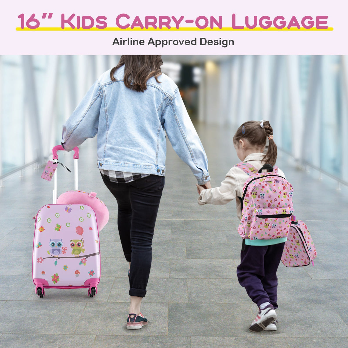 Kids carry-on luggage and backpack set in pink with wheeled suitcase and lunch bag