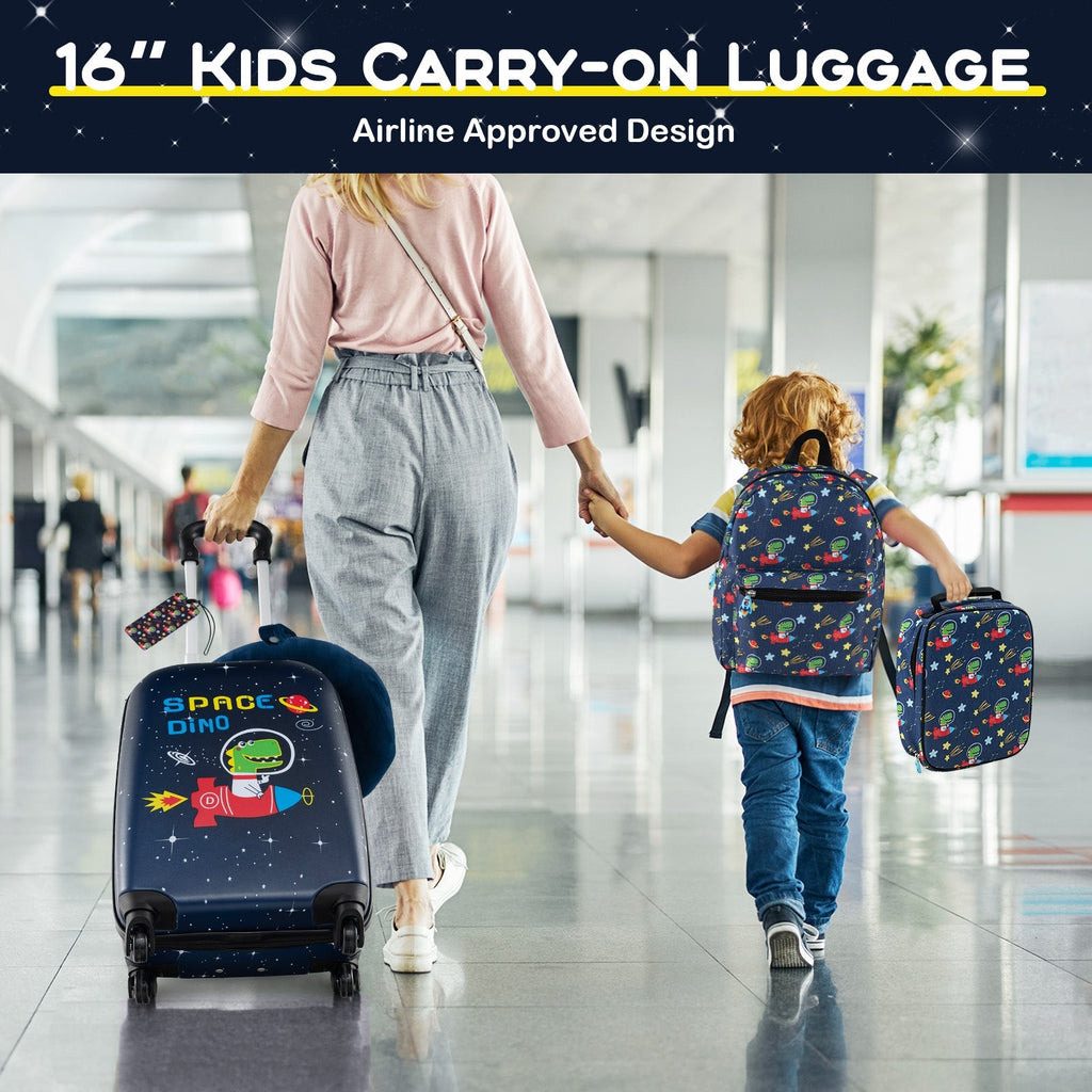 16-inch kids carry-on suitcase in dark blue with space dinosaur print and matching backpack
