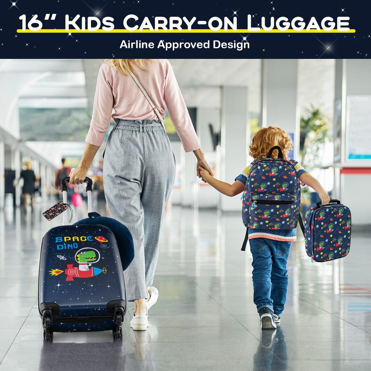 16-inch kids carry-on suitcase in dark blue with space dinosaur print and matching backpack