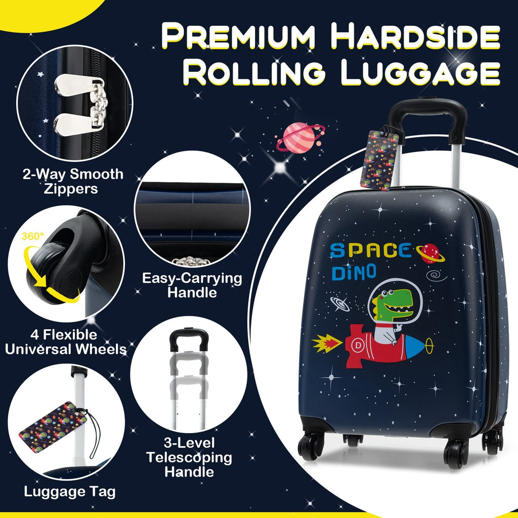 Premium dark blue kids hardside rolling luggage with space dinosaur graphic and matching accessories