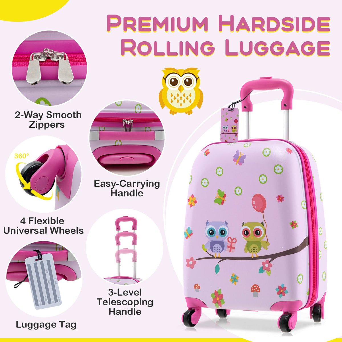 Pink hard-shell kids rolling carry-on suitcase with telescoping handle and 4 wheels