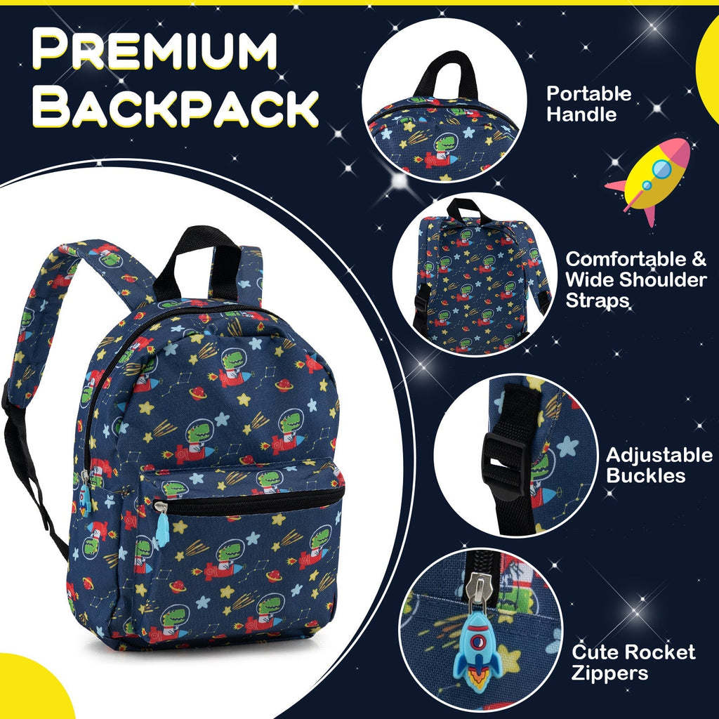 Kids space dinosaur backpack with portable handle, wide straps, and adjustable buckles