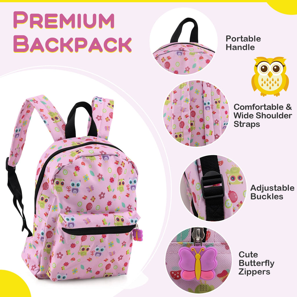 Pink owl-pattern kids backpack with wide straps, adjustable buckles, and portable handle