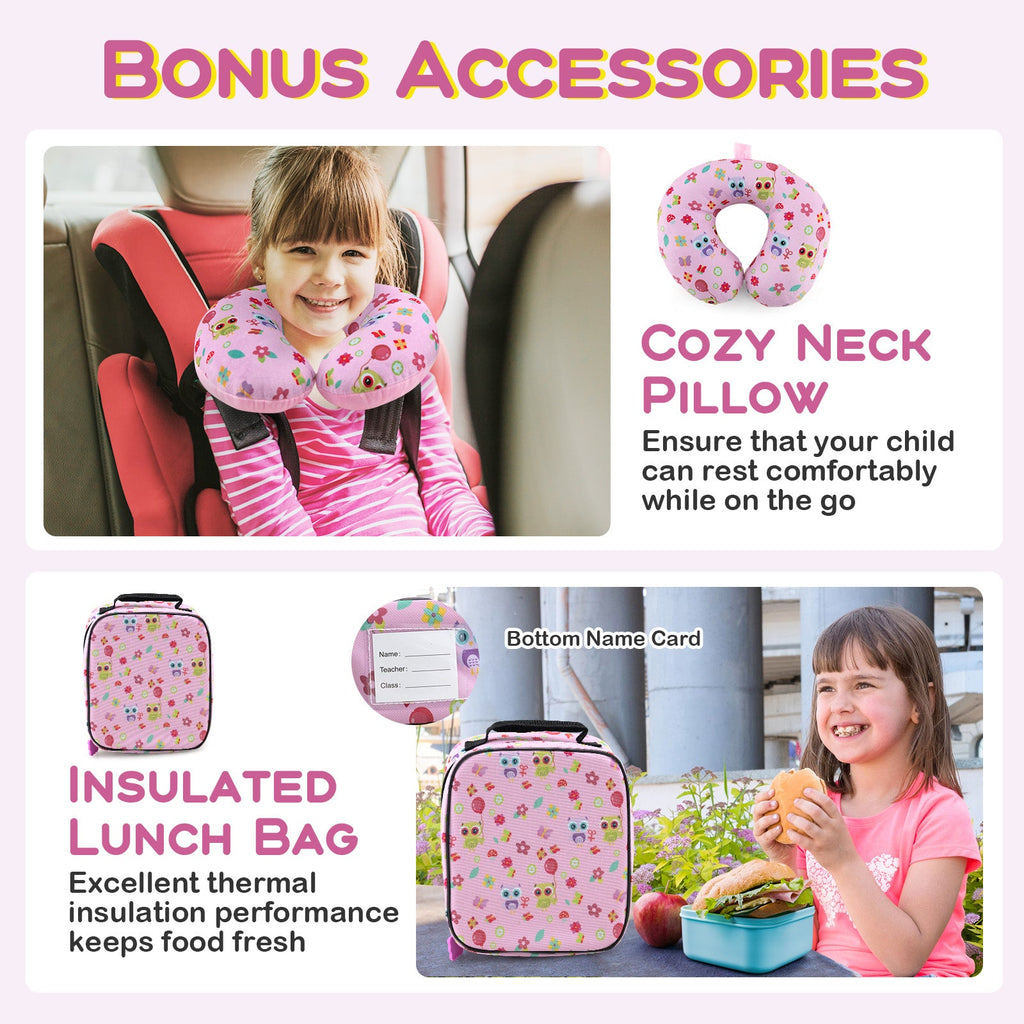 Bonus accessories: pink neck pillow and insulated lunch bag with name card insert