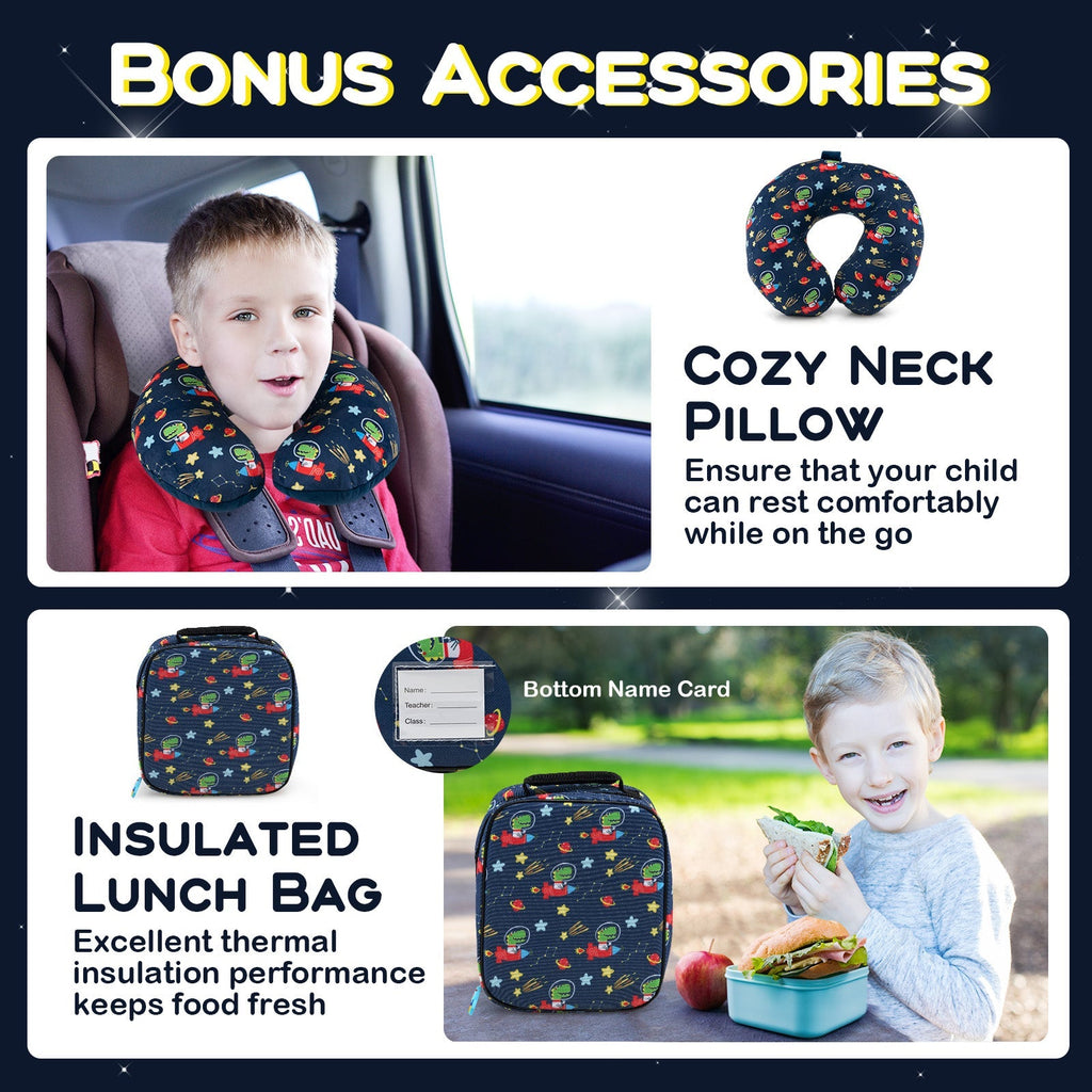 Kids bonus accessories: cozy neck pillow and insulated lunch bag with space dinosaur print