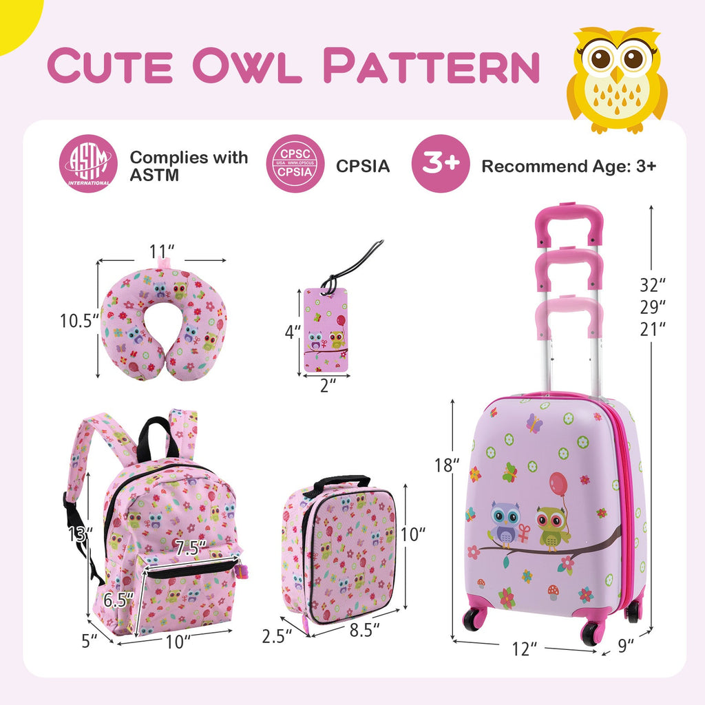 Pink owl-pattern kids luggage set size chart for neck pillow, backpack, and suitcase
