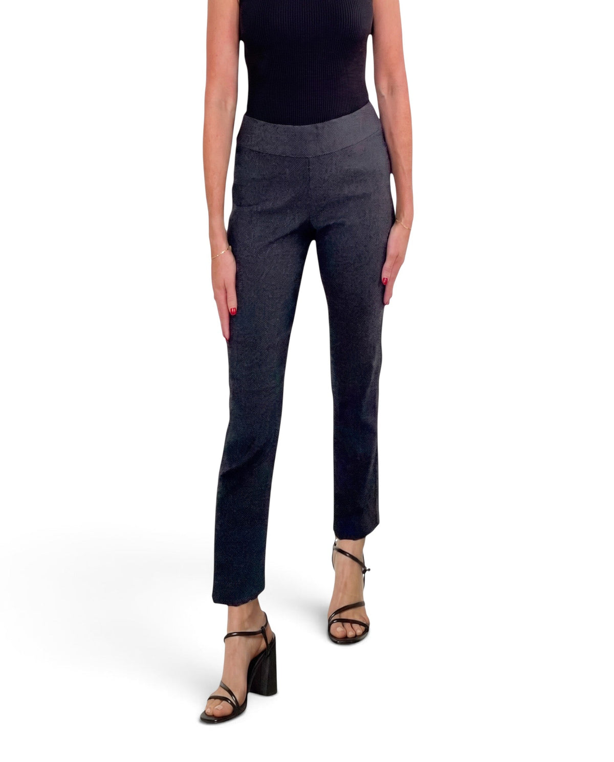 Gunmetal pull-on pants with tapered ankle-length legs and stitched front seam