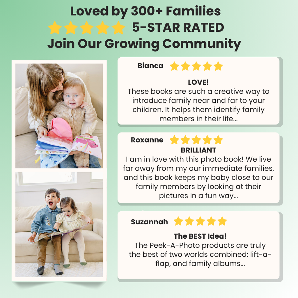 Customer review graphic for Peek-A-Photo lift-the-flap photo albums, 5-star rated