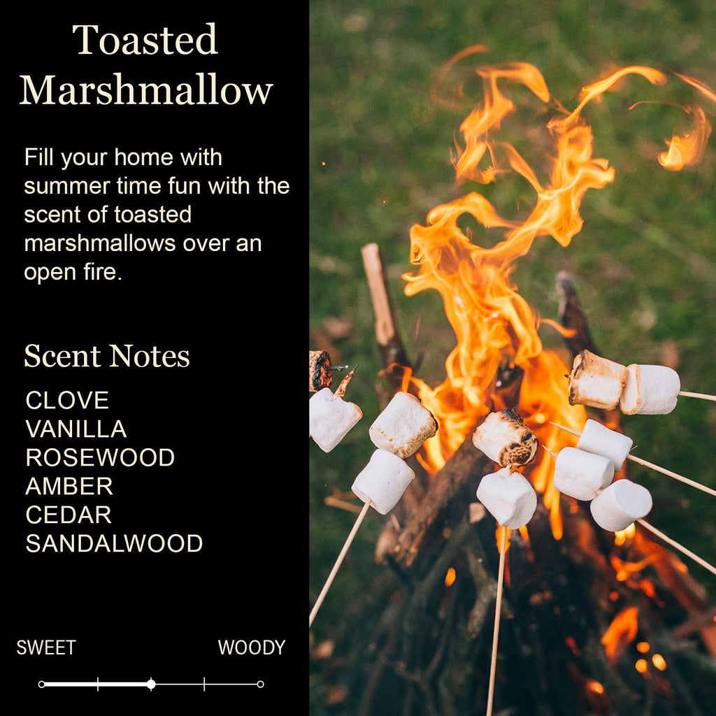 Scent notes card for Cedar Crate candle, toasted marshmallow with flame and marshmallows