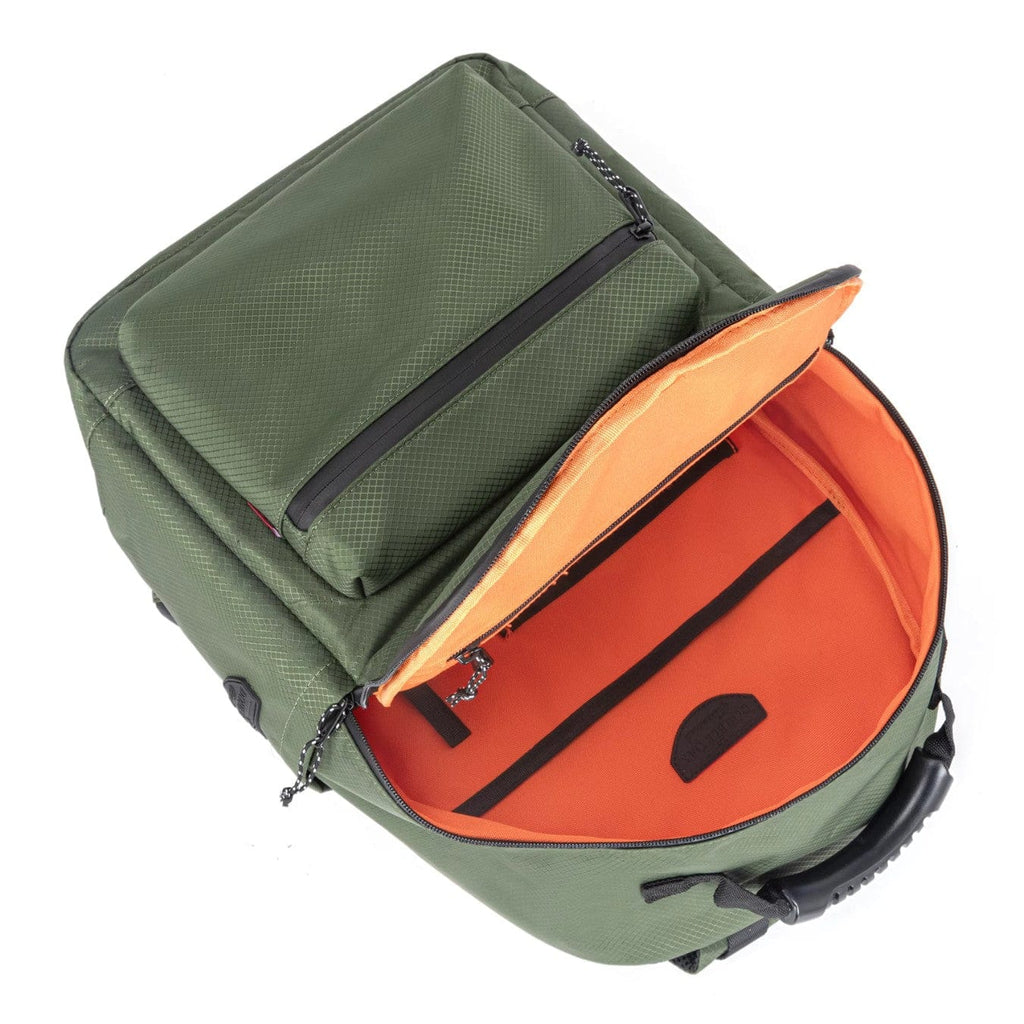 Green backpack with orange interior lining and front zipper pocket.