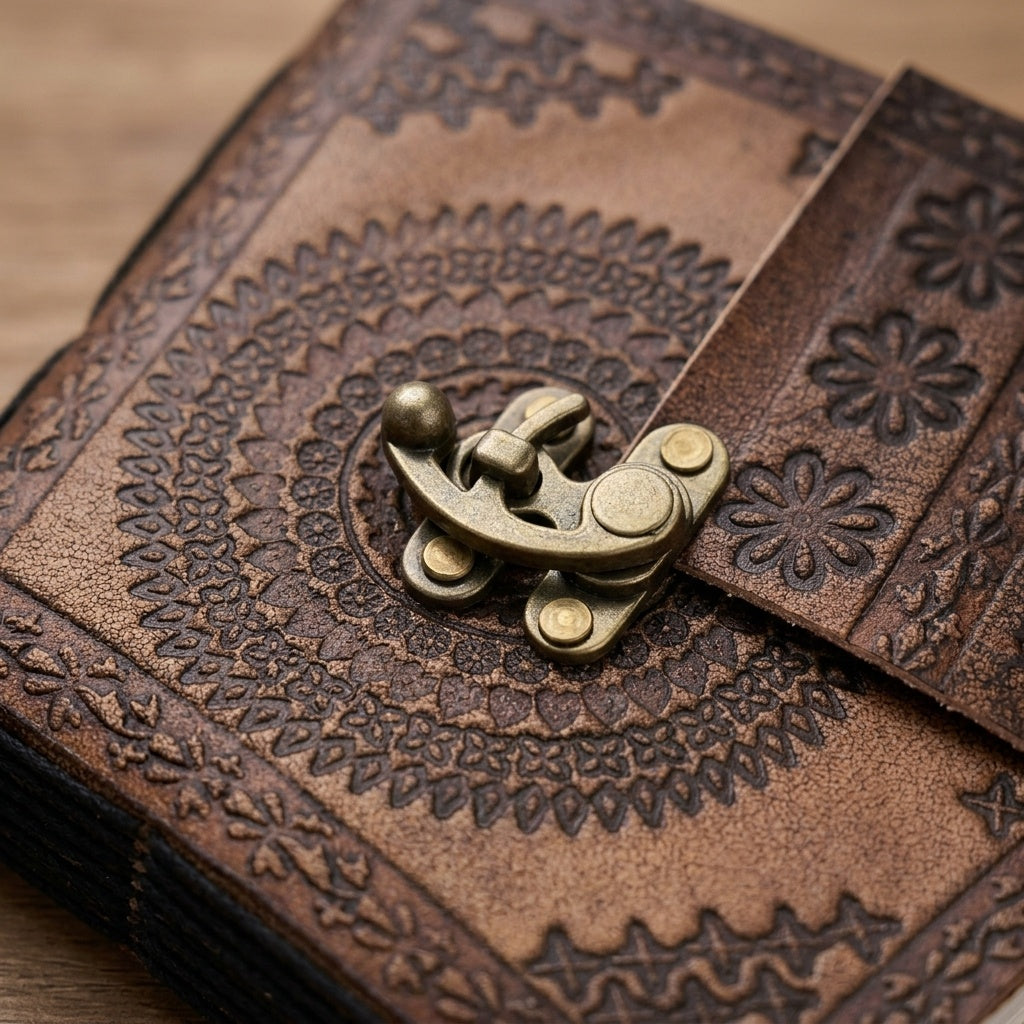 Close-up of brown leather journal cover with engraved details and brass lock clasp