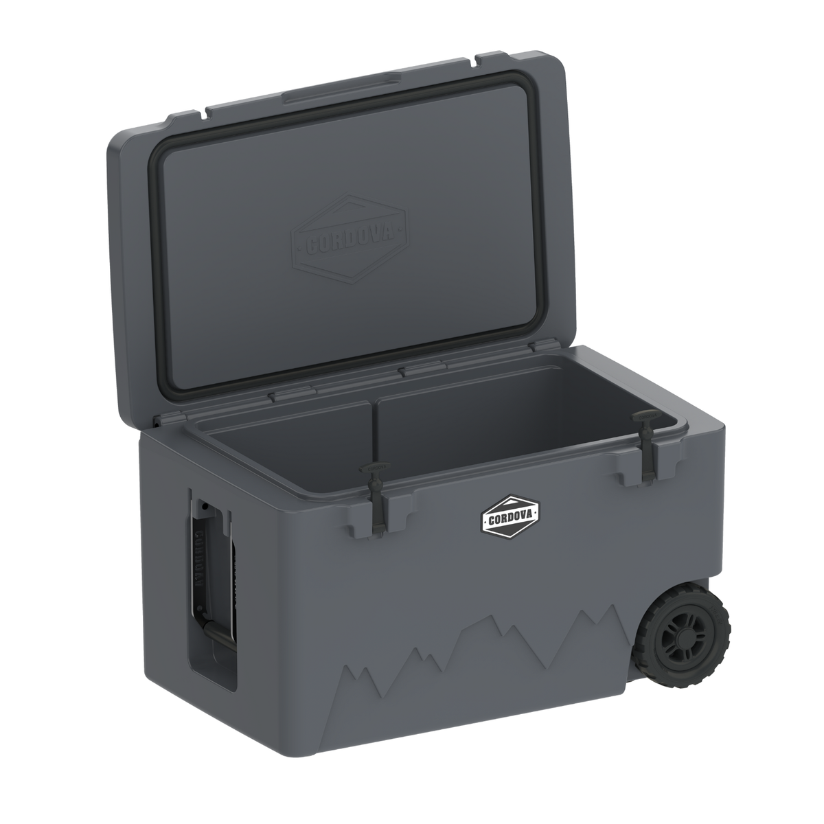 125 qt wheeled cooler with lid open, interior compartment, latch hardware, and wheels; gray