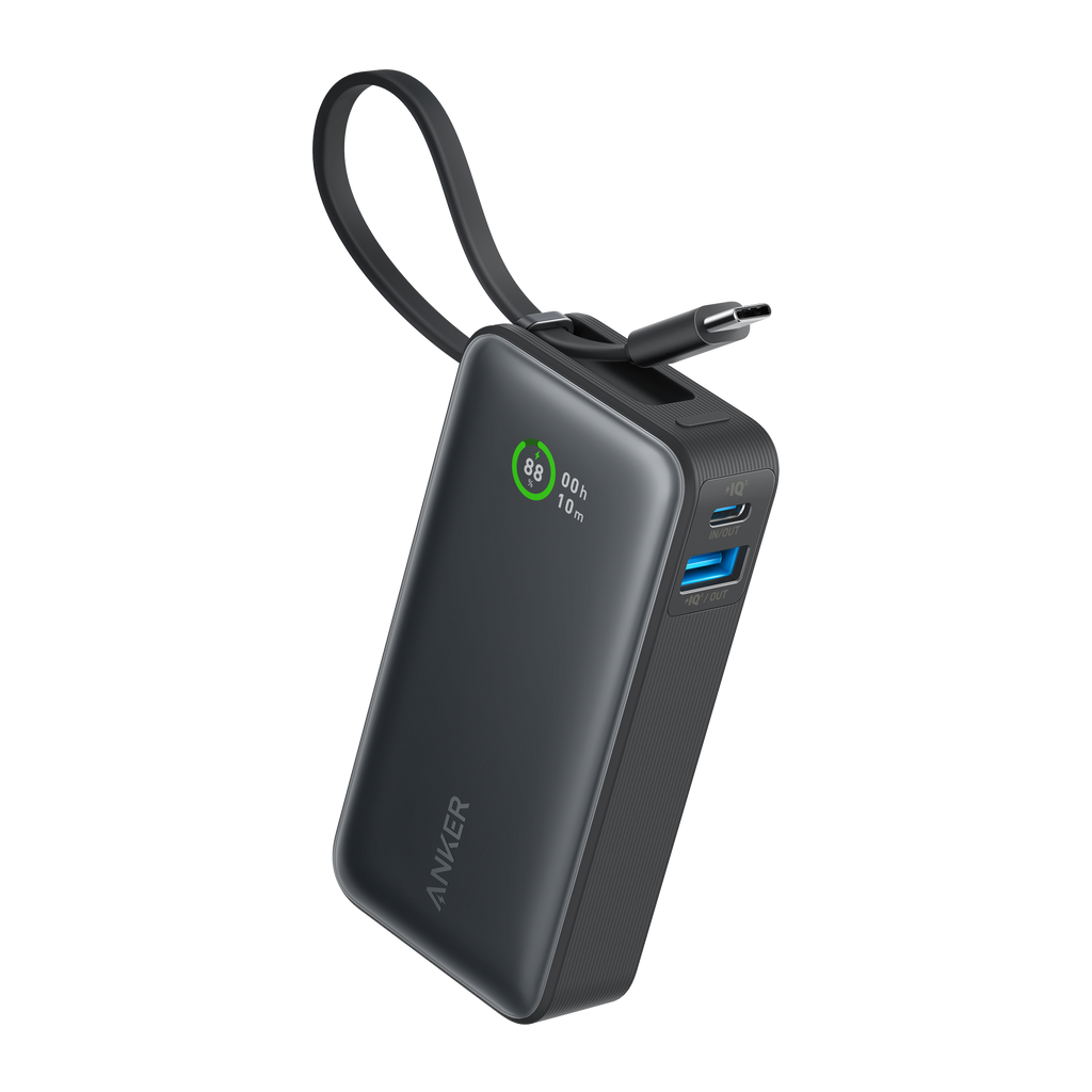 Black power bank with built-in USB-C cable, showing side USB-C and charging indicators