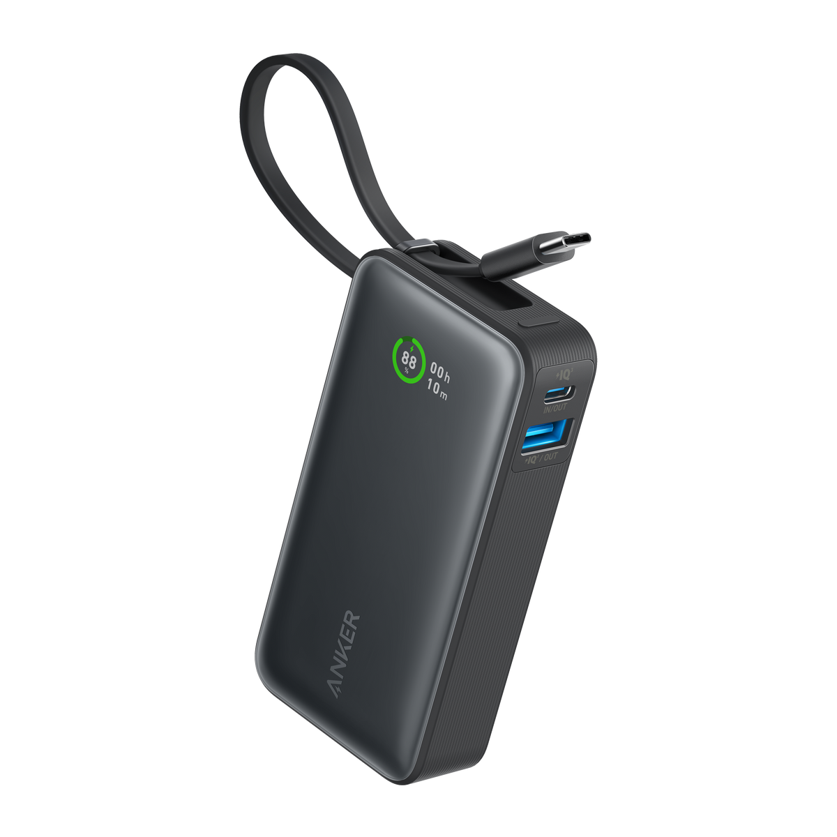 Black power bank with built-in USB-C cable, showing side USB-C and charging indicators