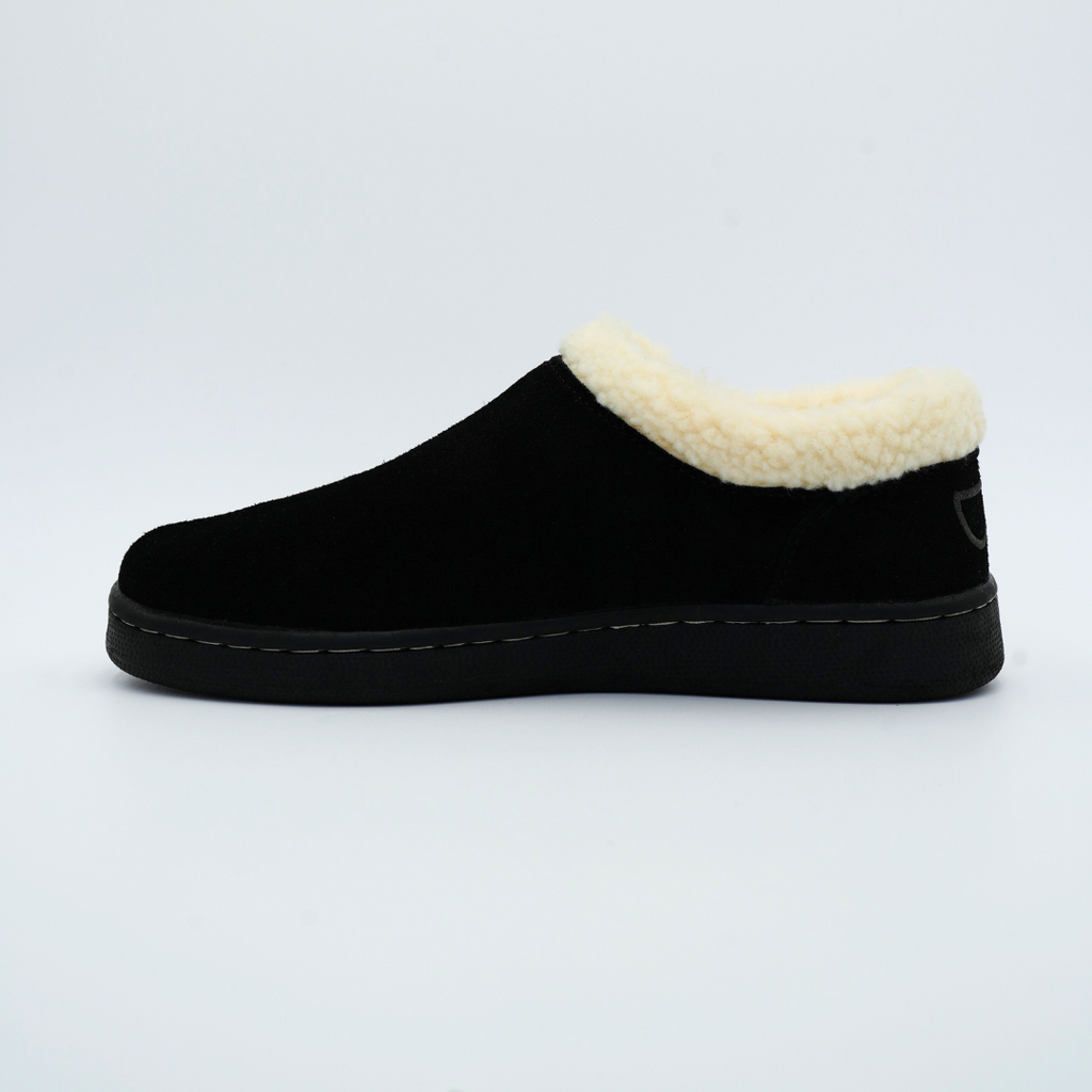 Men's black suede slip-on slipper with cream sherpa lining and stitched sole