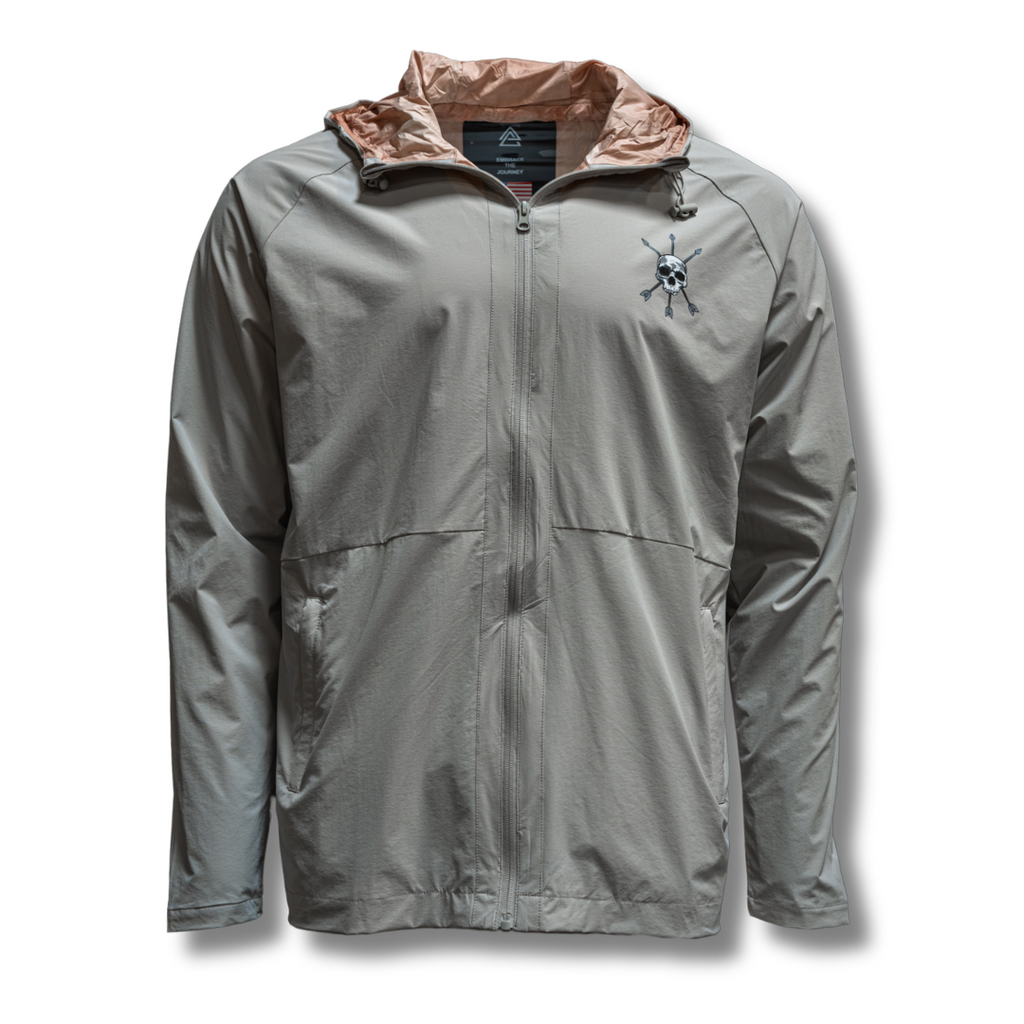 Men's Journey Jacket light gray with hood and full-zip front, chest emblem
