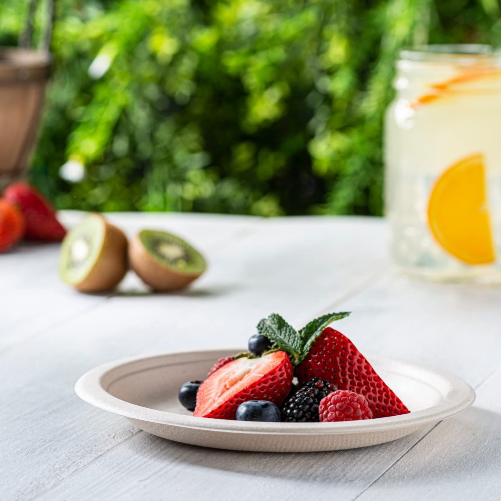 Unbleached paper plate filled with mixed fruit, 7-inch disposable plate