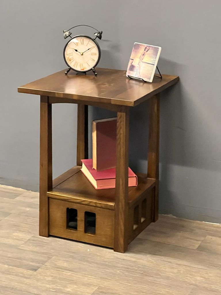 Mission style taboret end table with two-tone open shelf, side square cutouts