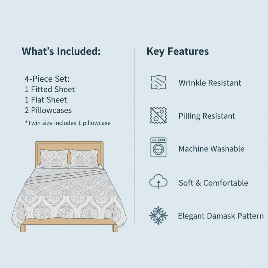 Gray and white 4-piece bed sheet set: fitted, flat, 2 pillowcases; wrinkle resistant