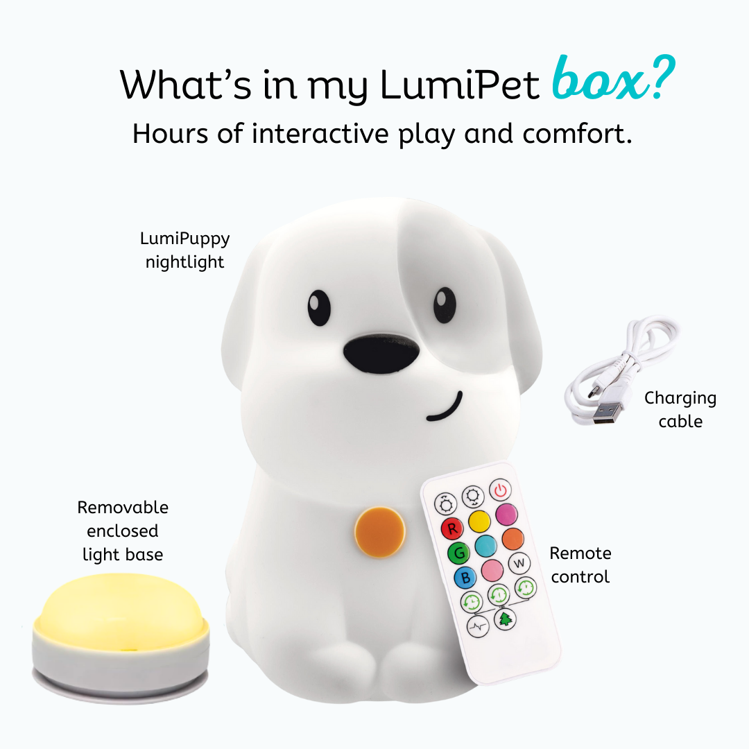 LumiPets puppy night light kit with light base, remote control, and charging cable