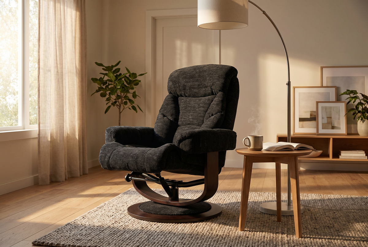 Dark fabric swivel recliner chair with padded headrest and round base