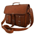Brown leather messenger backpack with wide flap, front buckle pockets, and shoulder strap