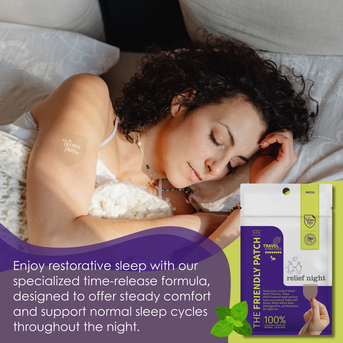 Relief night patch on shoulder while sleeping, with travel pouch included
