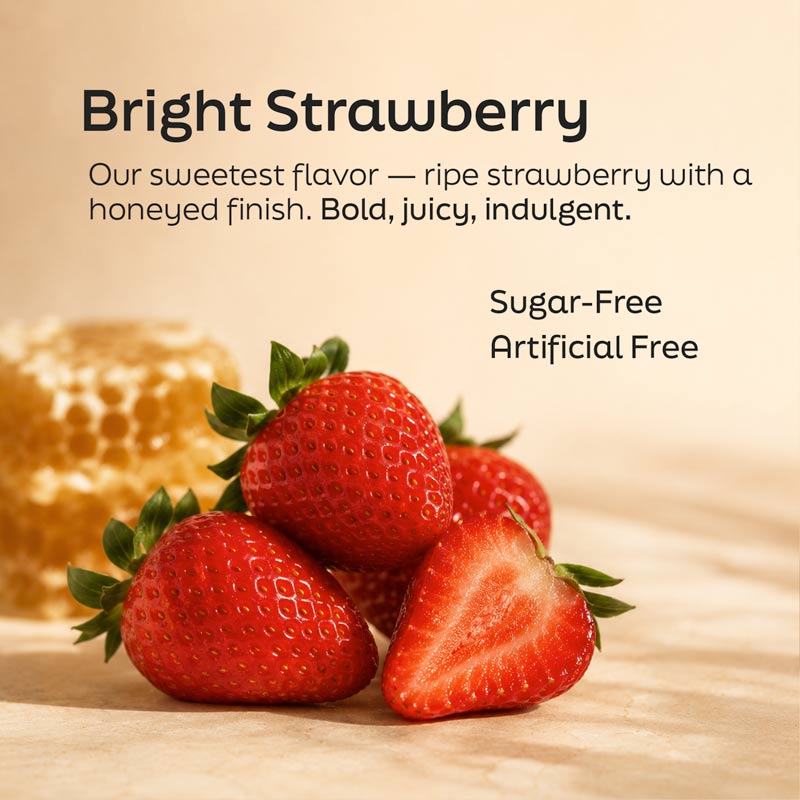 Bright Strawberry flavor image with strawberries and splash beside the drink mix pouch
