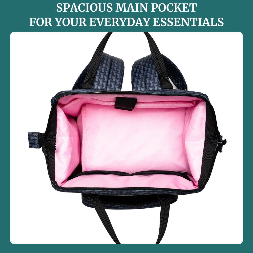 Breast pump bag backpack with large open main compartment and bright pink interior lining
